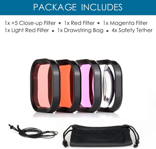 Miniatura 9 de Paquete de 4 filtros de buceo para carcasa protectora GoPro Hero13, apto para Hero 13, 12, 11, 10, 9, 8, carcasa oficial negra, filtros subacuáticos