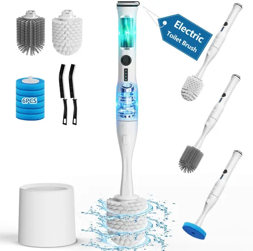 Juego de cepillo de inodoro eléctrico y soporte, Kit de limpieza de taza de inodoro eléctrico Leebein 8 en 1 con 8 cepillos reemplazables, cepillo