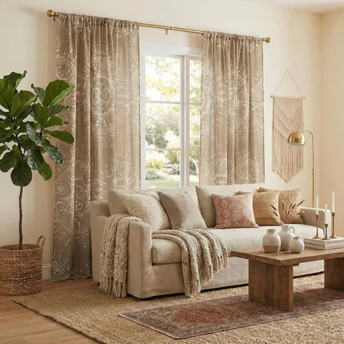 Miniatura 22 de NICETOWN Cortinas bohemias de lino transparente para sala de estar, cortinas semitransparentes de granja con patrón de rayas bohemias, cortinas Gris