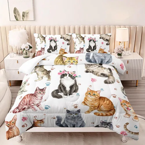 AILONEN Juego de ropa de cama con estampado de gato en acuarela, tamaño individual con gatos y huellas para niños y niñas, juego de edredón suave y