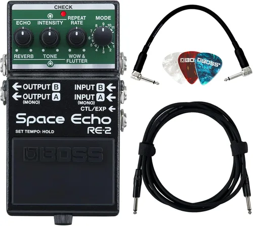 Boss RE-2 Space Echo Delay and Reverb Effects Bundle con cable de instrumento Gearlux, cable de conexión y púas