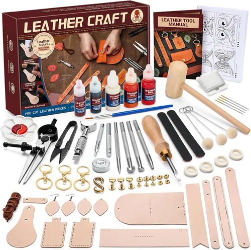 Kit de manualidades de cuero: herramientas de trabajo de cuero y suministros para principiantes de manualidades DIY, estampado, teñido, tallado,