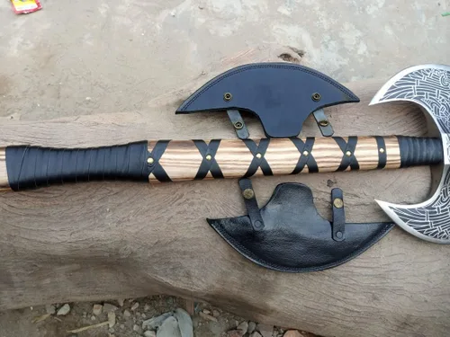 Miniatura 9 de Hacha vikinga de doble cabeza forjada a mano – Hacha de batalla de acero al carbono Odin de 27 pulgadas con mango de madera envuelto en cuero