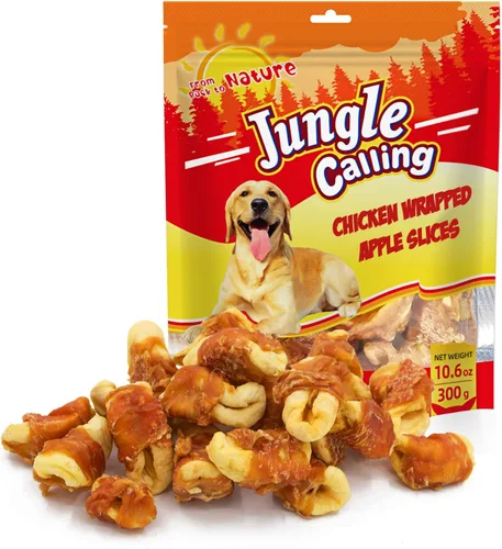 Jungle Calling Golosinas para perros, golosinas de manzana envueltas en pollo sin piel, sin gluten y granos, mordeduras masticables para una