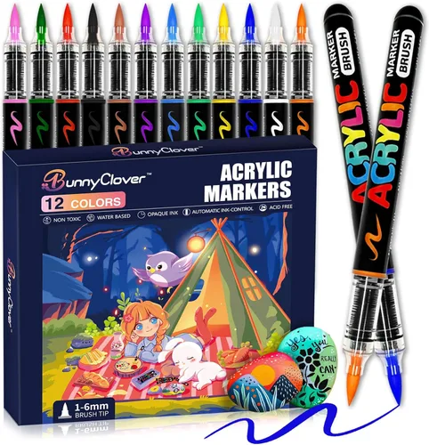 Marcadores de pintura acrílica con punta de pincel, marcadores acrílicos de 12 colores con sistema de control automático de tinta, bolígrafos