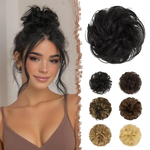 Miniatura 7 de FESHFEN Moños Desordenados Humanos - Moño de Cabello Humano 100% Real Coleteros Scrunchies Piezas de Cabello Extensiones de Cola de Cabello Ondulado