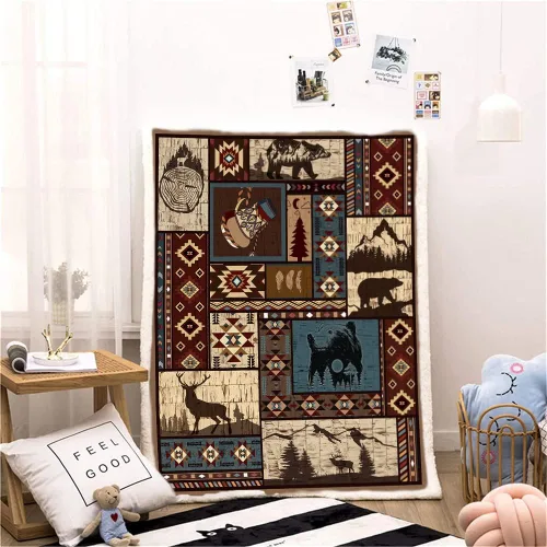 Miniatura 3 de Manta Azteca Otoñal Rústica del Suroeste Americano Nativo - Navajo, Mexicana, India, Diseño de Oso y Ciervo - Decoración de Granja para Sofá, Cama