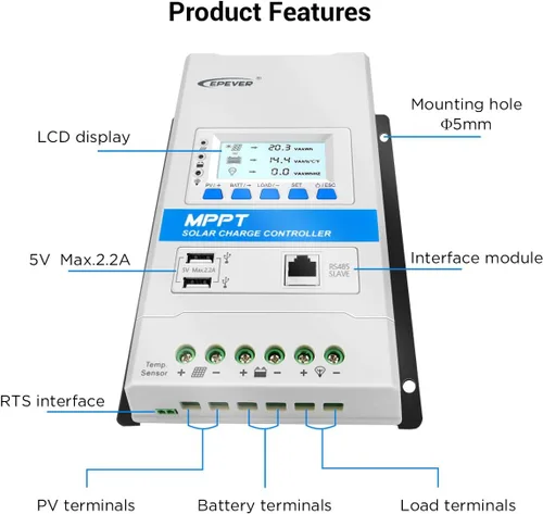 Miniatura 2 de EPEVER Controlador de carga solar MPPT 20A 12V/24V Auto Panel Solar Regulador de carga con pantalla LED y LCD Puerto USB doble y MT50 Medidor remoto