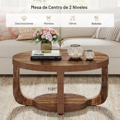 Miniatura 4 de Tribesigns - Mesa de café redonda, mesa de café circular de 2 niveles con almacenamiento, mesa auxiliar moderna de acento de madera para sala