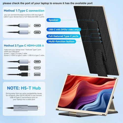 Miniatura 5 de Extensor de pantalla para laptop, monitor portátil de 15.6 pulgadas, monitor de viaje ultradelgado FHD 1080P con altavoces, extensión de pantalla