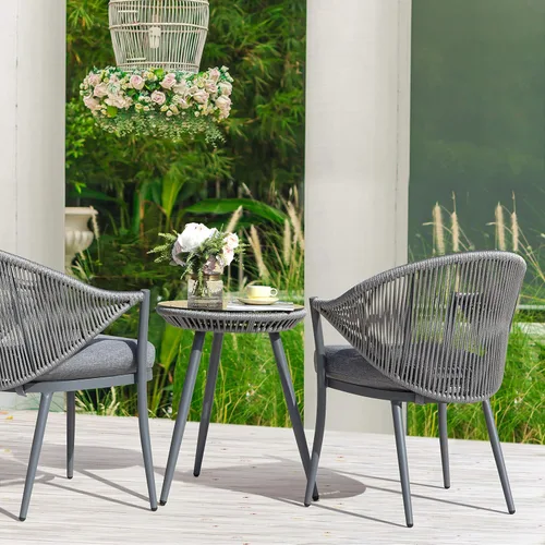 Miniatura 7 de NUU GARDEN Juego de 3 piezas de bistró para exteriores, juego de patio de conversación de cuerda tejida, muebles de aluminio para todo tipo de Gris