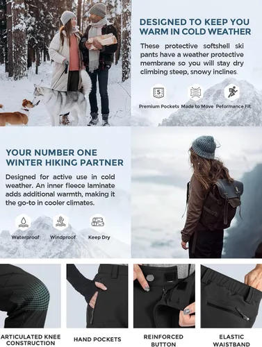 Miniatura 5 de Wespornow Pantalones de senderismo con forro polar para mujer, pantalones de esquí para nieve, resistentes al agua, para exteriores, softshell