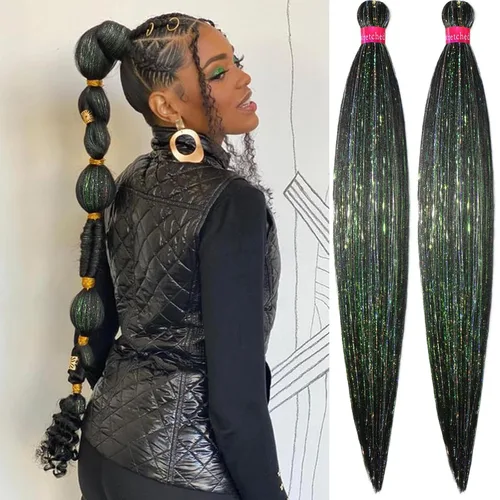 Miniatura 12 de Cabello trenzado verde con lentejuelas de 26 pulgadas, preestirado, trenzas de textura Yaki, extensiones de cabello pre plumadas, 3 paquetes, fácil