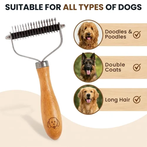 Miniatura 8 de Peine de desenredar para mascotas para perros y gatos con mango de madera, rastrillo de subpelo para perros con cuchillas de acero inoxidable, peine