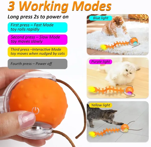 Miniatura 5 de Waaiio Juguete interactivo para gatos con cola de ciempiés, bola rodante rápida, juguetes recargables para gatos adultos aburridos