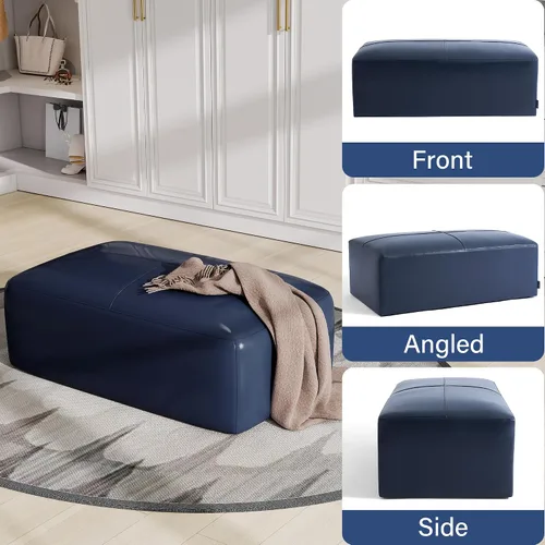 Miniatura 6 de Otomana rectangular de piel auténtica, mesa de centro otomana con botones y patas, taburete tapizado para sala de estar, dormitorio, entrada, Azul