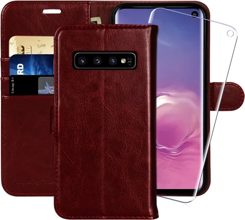 MONASAY Funda tipo cartera compatible con Galaxy S10, protector de pantalla incluido, bloqueo RFID, funda de piel con tarjetero y tarjetero de 6.1