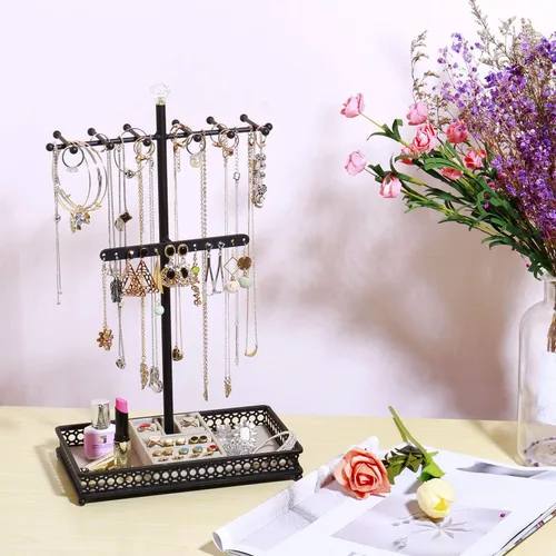 Miniatura 2 de Meangood Organizador de soporte para árbol de joyería, organizador de collares 3 en 1, exhibición de pulseras, aretes y bandeja para anillos