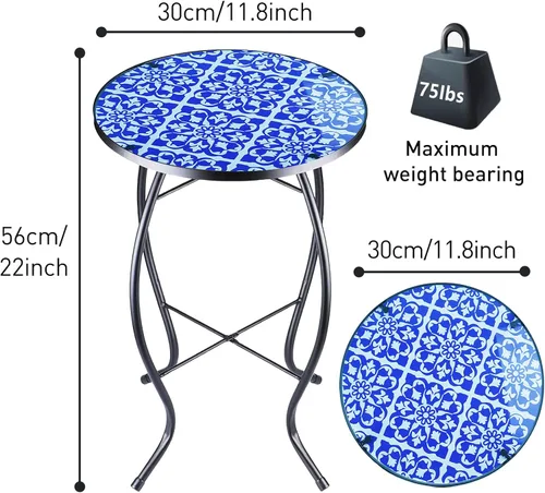 Miniatura 4 de Arbuxzuy Mesa auxiliar pequeña de 12 pulgadas para exteriores con mosaico azul-blanco, mesa de patio con mosaico de vidrio para interiores, mesa