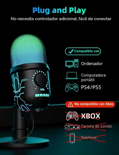 Miniatura 2 de MRSDY Micrófono de juegos, micrófono USB para computadora para PC, Mac, PS4/5, micrófono de condensador para podcast para grabación de estudio