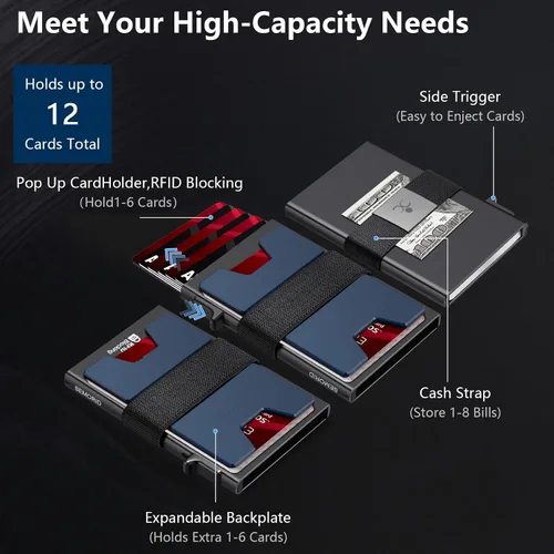 Miniatura 63 de Cartera delgada de aluminio para hombre, placa trasera expandible duradera, bloqueo RFID, billetera desplegable de metal minimalista, con capacidad
