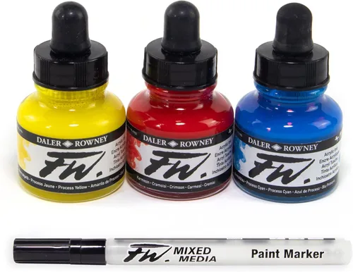 Juego de inicio de 3 colores de botella de tinta acrílica Daler Rowney FW con marcador vacío - Juego de tintas acrílicas para dibujantes y