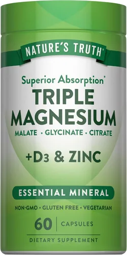 Nature's Truth Suplemento triple de complejo de magnesio | 60 cápsulas | glicinato, citrato y malato | con D3 y zinc | Vegetariano, sin OMG y sin