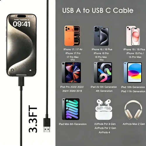 Miniatura 2 de Cable de carga corto USB A a USB C de 1.5 pies, cable de carga Carplay para iPhone 17/16/15, iPhone 17E/16E, 15/16/17 Pro Max 15 16 Plus, iPad 10ª