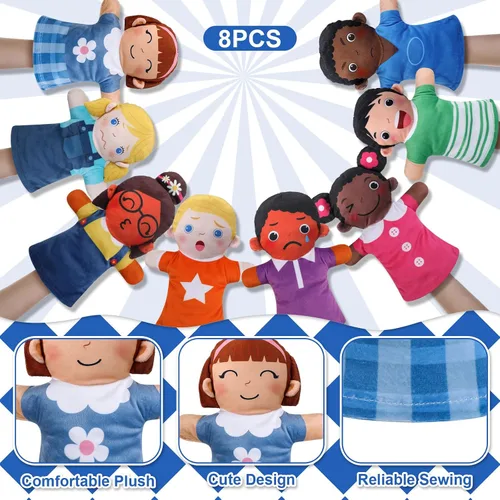 Miniatura 5 de Poen Juego de 8 títeres de mano para niños, títeres de mano multiculturales, felpa suave a granel para niños pequeños, interacción de aprendizaje