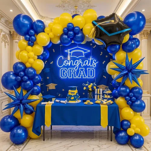 Miniatura 8 de Kit de arco de globos de graduación 2026, decoraciones de fiesta azul real y plateado: diploma de aluminio, letras de felicitación, globos de Azul