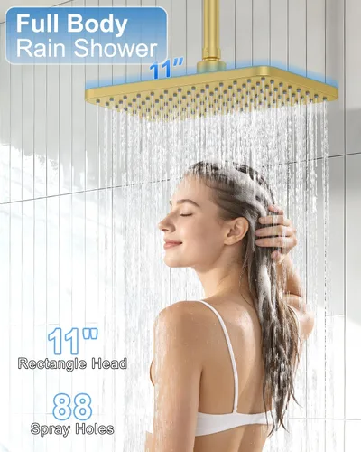 Miniatura 5 de 11" Brushed Gold Rainfall Shower System – Complete Spa Faucet Set with Filtered Handheld Sprayer & Mixer Valve – Modern High Pressure Bathroom