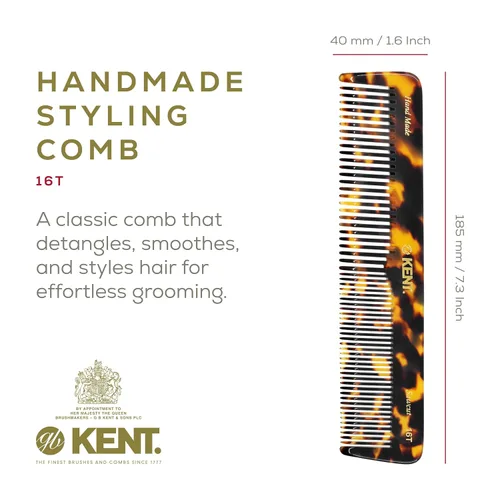 Miniatura 2 de Kent 16T TY de dientes finos y anchos para el aseo diario, peine de estilo hecho a mano para todo tipo de cabello, peine desenredante para cabello