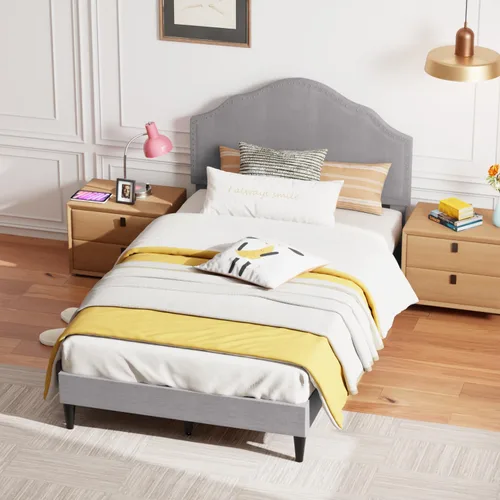 Miniatura 10 de PayLessHere Base de cama tapizada de plataforma completa con cabecera de tela y soporte de listones de madera, totalmente tapizado, no necesita Gris