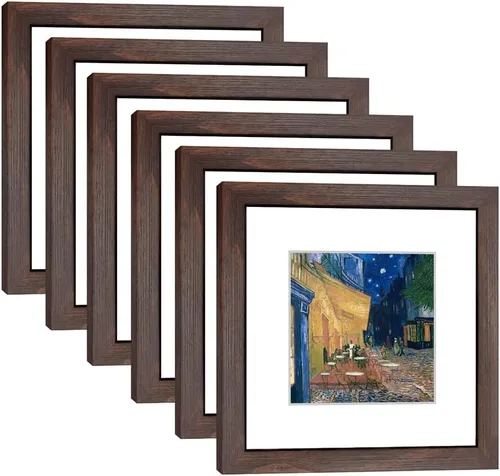 Juego de 6 marcos de fotos de 8 x 8 pulgadas de nogal con vidrio real para fotos de 5 x 5 con estera o 8 x 8 sin estera, marcos de fotos de galería