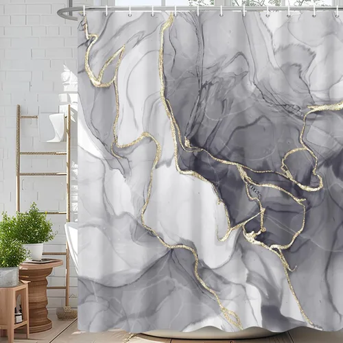 Miniatura 41 de Cortina de ducha abstracta de mármol negro gris y dorado con grietas, cortina de baño moderna ombre impresa, cortina impermeable y lavable de tela