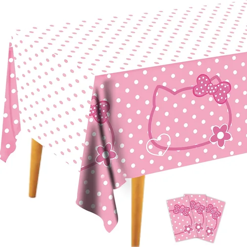 3 piezas de mantel de fiesta con lazos rosas de gatitos, lindo mantel de gatitos con puntos, rectangular desechable de 54×108 pulgadas, blanco y