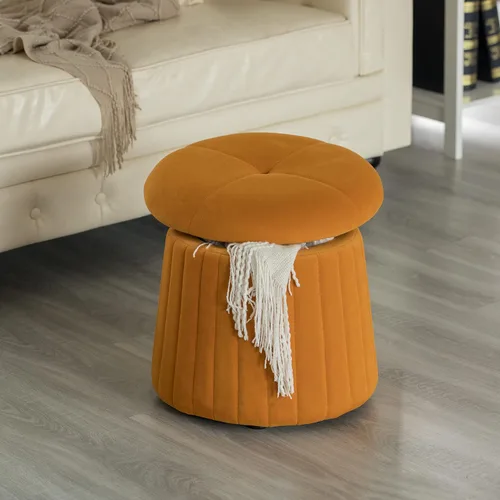 Miniatura 2 de Fabulaxe Tronco de almacenamiento otomano moderno con forma de hongo de terciopelo copetudo, color amarillo mostaza