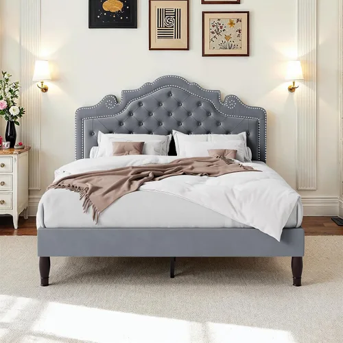 Miniatura 9 de WEEWAY Base de cama de plataforma de tamaño matrimonial con tiara ajustable de terciopelo, cabecero curvado y alta resistencia, botón tapizado