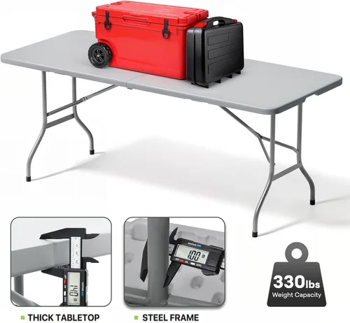 Miniatura 7 de Magshion Mesa plegable de plástico de 6 pies con asa para interiores y exteriores, mesa plegable de 6 pies para eventos de fiesta, color gris