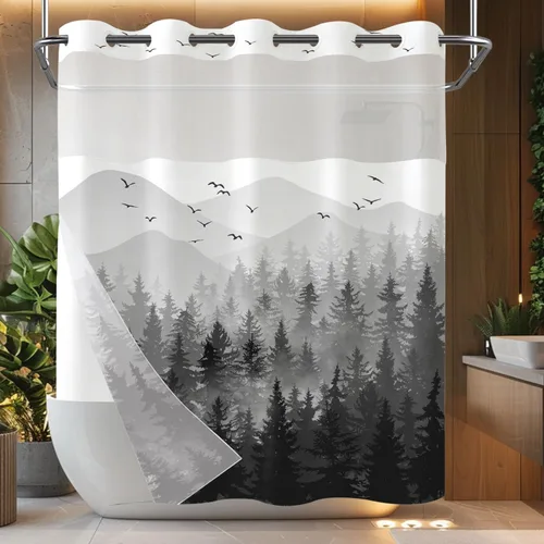 Miniatura 35 de Cortina de ducha Stall pequeña de bosque brumoso en blanco y negro, gris degradado, árbol de pino de montaña, tela impermeable, cortinas de ducha