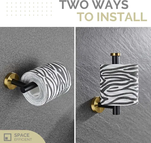 Miniatura 4 de Soporte de papel higiénico negro y dorado, colgador de papel higiénico de acero inoxidable para baño, dispensador de rollos de papel de tocador