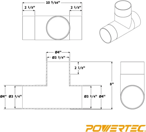 Miniatura 5 de POWERTEC 70107V 4" T-Fitting para manguera de recolección de polvo, 1 paquete