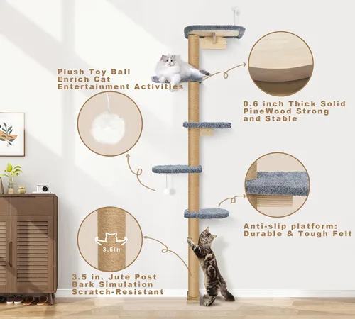 Miniatura 3 de Estantes de pared para gatos para gatitos, árbol para gatos de piso a techo de 83 pulgadas con almohadillas de felpa grises, árbol de escalada