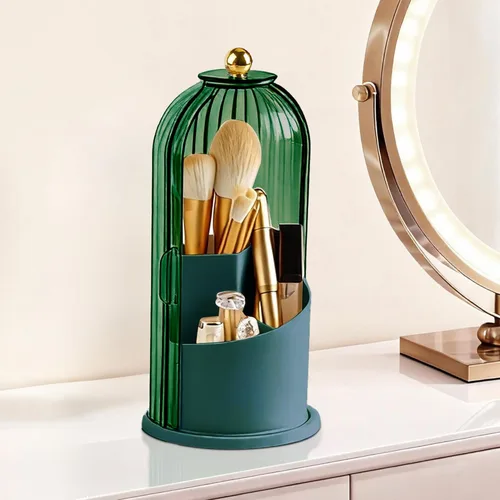 Hvygss Soporte giratorio de 360° para brochas de maquillaje con tapa, organizador de maquillaje impermeable de tres compartimentos, organizador de