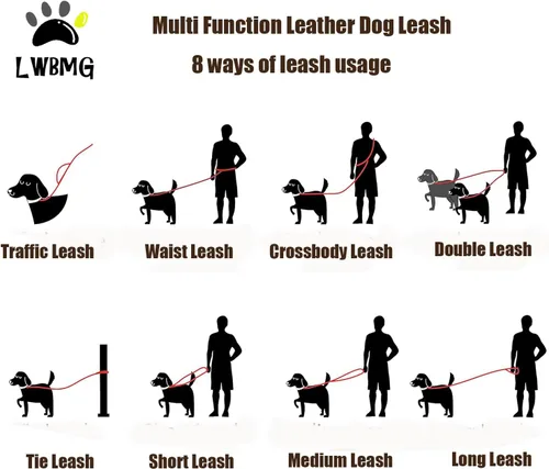 Miniatura 2 de LWBMG Correa de cuero para perro de 8 pies, correas de cuero multifunción 6 en 1 para perros, manos libres, cuerpo cruzado, cinturón de cintura Negro