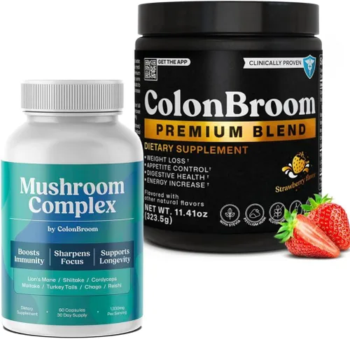 ColonBroom Suplemento en polvo prémium (fresa, 50 porciones) + complejo de hongos, potente mezcla de hongos con cordyceps, reishi, shiitake,