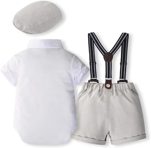 Miniatura 2 de Kimocat Conjunto de trajes de caballero para bebé, camisa corta de verano, corbatín + pantalones con babero, conjunto de ropa