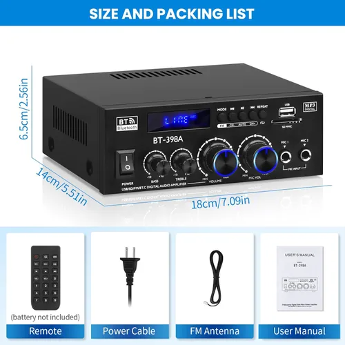 Miniatura 7 de Receptores de amplificador estéreo, BT-398A Bluetooth 5.0 amplificador de audio RMS 60W+60W 2.0 canales Mini amplificadores de sonido Amplificadores