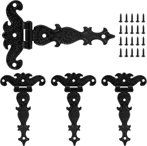 4 bisagras de correa en T, bisagras resistentes, herrajes negros antiguos decorativos para puerta de granero, puerta con tornillos (4.33 x 2.75