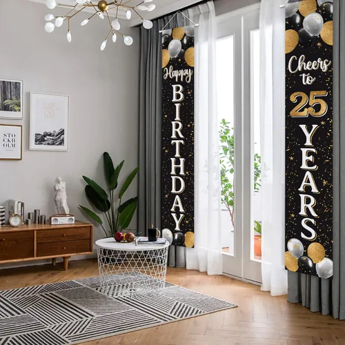 Miniatura 4 de Cartel de puerta de feliz cumpleaños 25 negro y dorado – Fondo de bienvenida a la puerta del hogar de cumpleaños de 25 años, decoración de fiesta